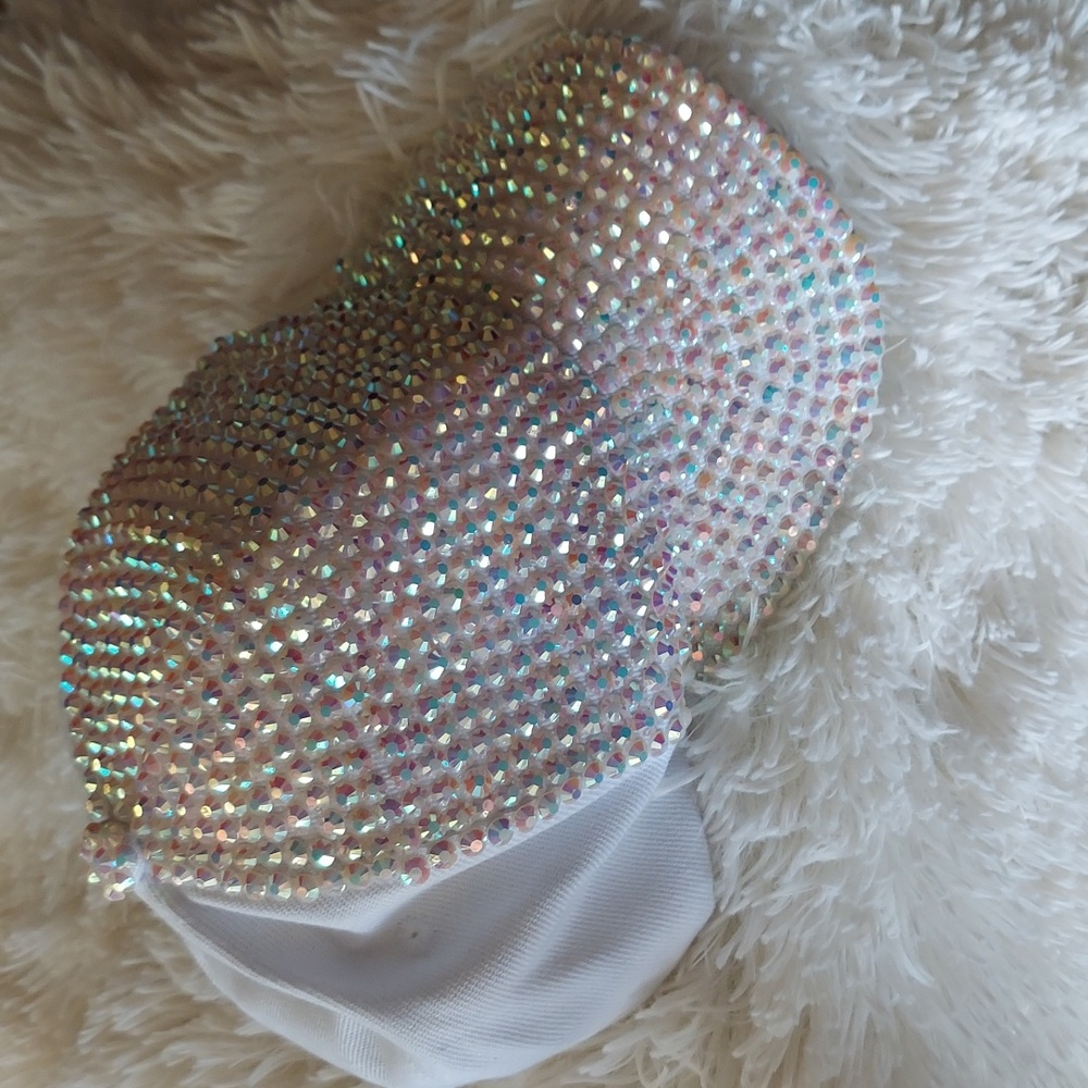 White hat with iridescent rhinestones